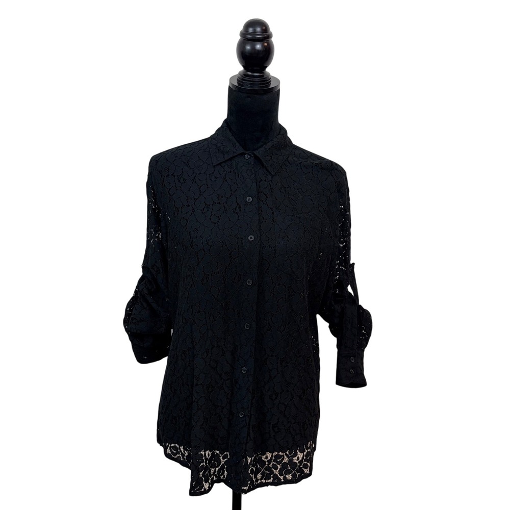 Calvin Klein Black Floral Lace Button Down Roll Tab Sleeve Blouse Shirt Womens